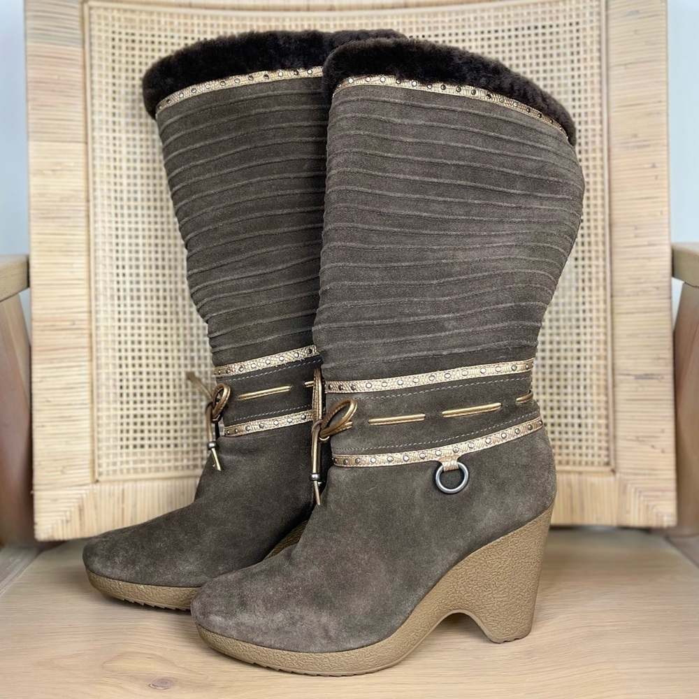 Cole Haan Brit Shearling Suede Leather Tall Wedge Boots | Brown | Size 7…